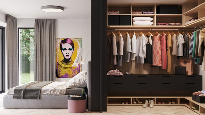 Phía sau giường là tủ quần áo được trang trí với vô số khối vuông bằng gỗ. Phía sau giường là tủ quần áo được trang trí với vô số khối vuông bằng gỗ.