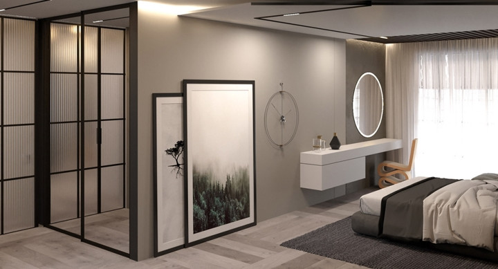 Bàn trang điểm gắn vào tường cùng ghế ngồi độc đáo đặt ở cuối giường. Bàn trang điểm gắn vào tường cùng ghế ngồi độc đáo đặt ở cuối giường.