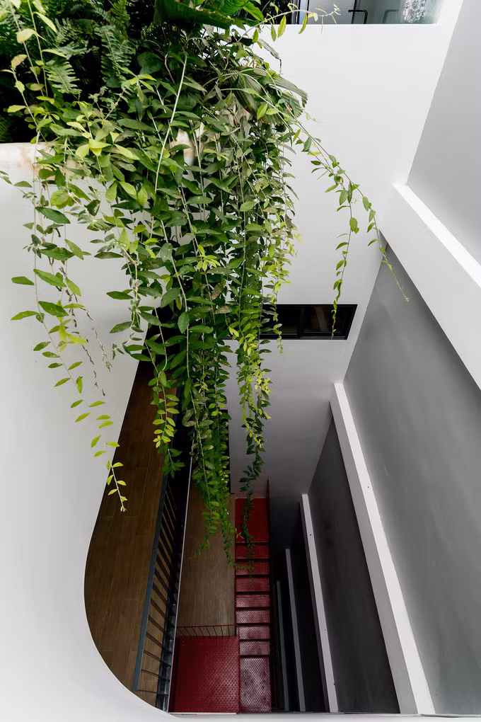 Tất cả không gian được gắn kết bằng lõi thang máy và thang bộ tại vị trí trung tâm công trình, kết hợp giếng trời 10m2 thông gió lấy sáng trên cao. Ở khu vực giếng trời có các thang sắt kết nối các căn lệch tầng và kết thúc bằng một bồn cây treo ở penhouse tạo điểm nhấn. Tất cả không gian được gắn kết bằng lõi thang máy và thang bộ tại vị trí trung tâm công trình, kết hợp giếng trời 10m2 thông gió lấy sáng trên cao. Ở khu vực giếng trời có các thang sắt kết nối các căn lệch tầng và kết thúc bằng một bồn cây treo ở penhouse tạo điểm nhấn.