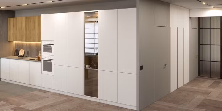 Nhà bếp hiện đại kết hợp với tủ âm tường giải quyết được bài toán về lưu trữ.