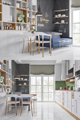 Một bức tường sơn đen có thêm hình vẽ trong không gian nhà bếp lấy màu trắng làm chủ đạo đã khiến cho căn phòng trở nên sang trọng hơn. 