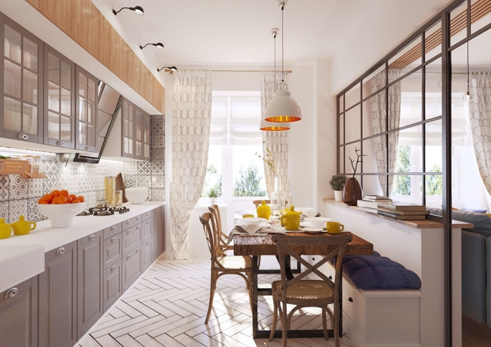  Căn phòng trở nên ấm cúng hơn khi bàn ăn và bếp được sắp xếp gần nhau trong không gian có màu trắng và nâu đan xen.