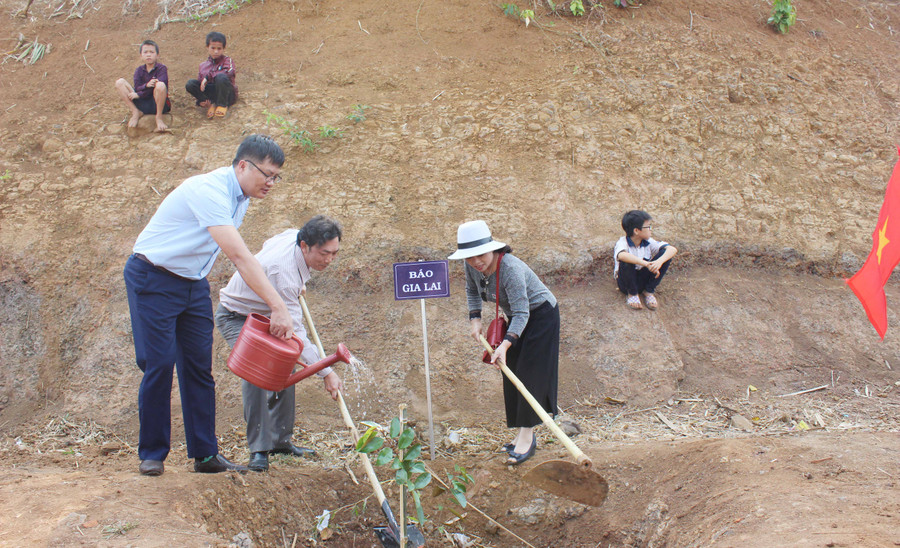 Nhà báo Lương Văn Danh- Phó Tổng Biên tập Báo Gia Lai trồng cây lưu niệm. Ảnh: Nguyễn Diệp 