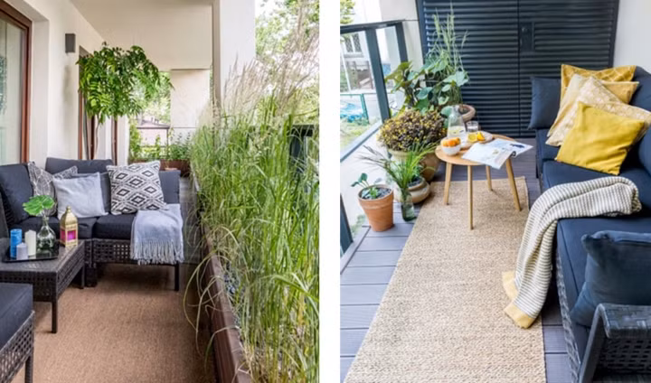 Góc ban công nơi đặt bộ sofa và bàn trà để chủ nhân có thể thưởng thức trọn vẹn khung cảnh bên ngoài. 