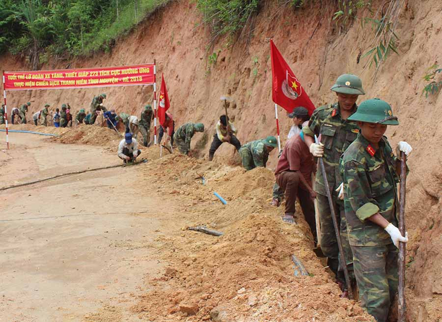 Cán bộ, chiến sĩ Lữ đoàn Tăng-Thiết giáp 273 (Quân đoàn 3) cùng nhân dân đào mương, lắp ống dẫn nước về làng. Ảnh: H.H Cán bộ, chiến sĩ Lữ đoàn Tăng-Thiết giáp 273 (Quân đoàn 3) cùng nhân dân đào mương, lắp ống dẫn nước về làng. Ảnh: H.H