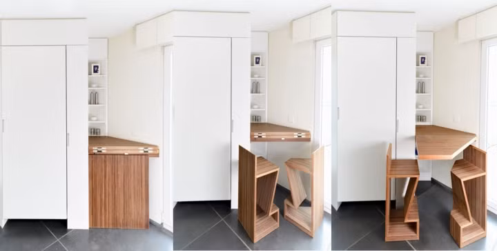 Cách thiết kế bàn có thể kéo ra, gấp vào rất thuận tiện cho những nhà hàng ăn uống hay người dân có diện tích nhà ở khiêm tốn. 