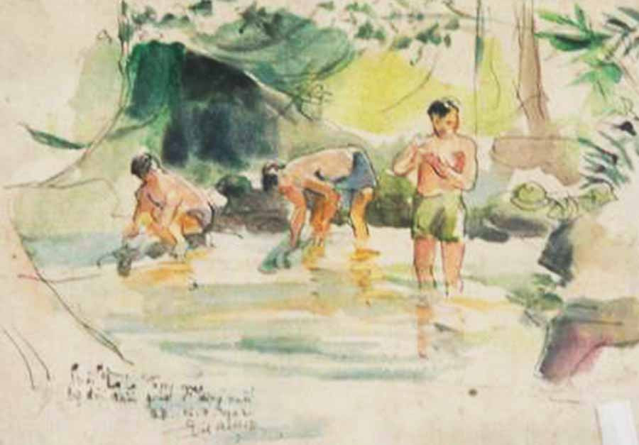  Bộ đội tắm suối (tranh minh họa).