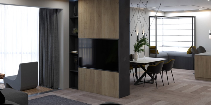 Đối diện ghế sofa phòng khách có một chiếc tivi màn hình phẳng gắn vào cột gỗ.  Đối diện ghế sofa phòng khách có một chiếc tivi màn hình phẳng gắn vào cột gỗ.