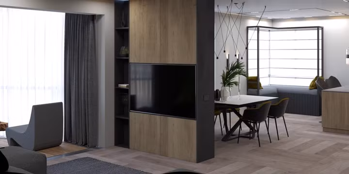  Đối diện ghế sofa phòng khách có một chiếc tivi màn hình phẳng gắn vào cột gỗ.