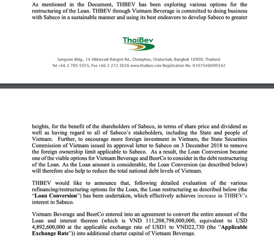 Thông tin được đăng tải trên website ThaiBev về việc tái cơ cấu khoản vay liên quan tới Vietnam Beverage và Sabeco. Ảnh chụp màn hình