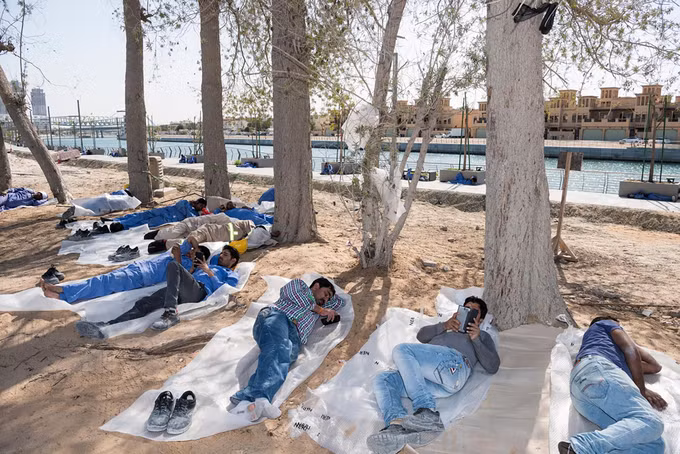  Công nhân nghỉ ngơi dưới những bóng cây trên một bờ kênh. Những người thợ xây dựng ở Dubai thường phải làm việc 14 tiếng mỗi ngày kể cả khi nhiệt độ lên đến hơn 50 độ C.