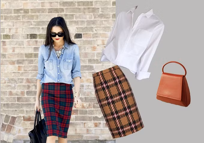 Một gợi ý khác cho các tín đồ thời trang muốn diện chân váy tartan đi làm là kết hợp với áo sơ mi. Một chiếc sơ mi trắng hoặc màu giả jean là lựa chọn tuyệt vời để tạo nên phong cách vừa thanh lịch, vừa khẳng định cá tính riêng của bạn. Lưu ý, với các kiểu sơ mi tay dài, bạn không nên chọn loại quá nhiều họa tiết hoặc màu sắc, có thể phá tổng thể hài hòa của bộ trang phục.