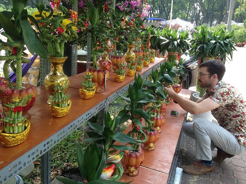  Một du khách nước ngoài chọn mua cây thần tài có nguồn gốc từ Đài Loan