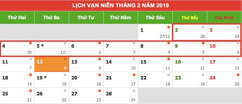 Lịch nghỉ Tết Nguyên đán 2019 (Tết Âm lịch) chính thức được Thủ tướng phê duyệt là 9 ngày liên tục. Lịch nghỉ Tết Nguyên đán 2019 (Tết Âm lịch) chính thức được Thủ tướng phê duyệt là 9 ngày liên tục.