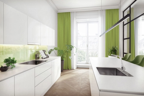 Những chiếc rèm màu xanh lá cây trong nhà bếp tạo không gian sang trọng Những chiếc rèm màu xanh lá cây trong nhà bếp tạo không gian sang trọng