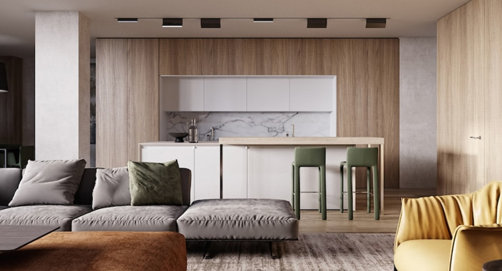 Bếp đặt cạnh phòng khách và sử dụng thêm các loại đèn nhân tạo để tăng ánh sáng. Bếp đặt cạnh phòng khách và sử dụng thêm các loại đèn nhân tạo để tăng ánh sáng.