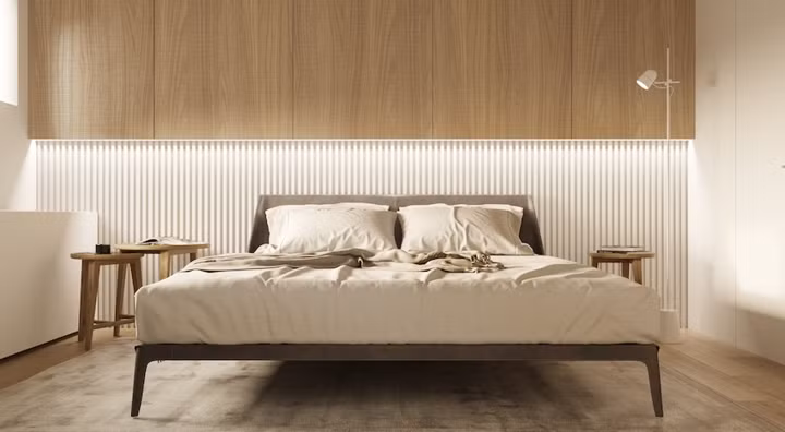 Phòng ngủ master tiếp tục được nhấn nhá bằng các loại đèn.