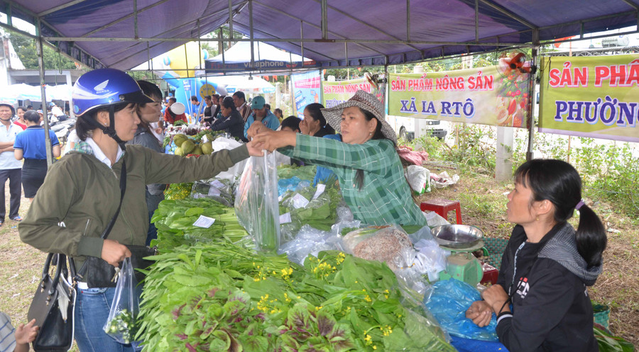 Chợ phiên nông sản an toàn ở Ayun Pa. Ảnh: Đức Phương