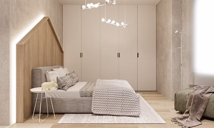 Chiếc giường ngủ bọc nệm êm ái, tường đầu giường nhấn mạnh bằng đèn âm tường tăng sức hút.