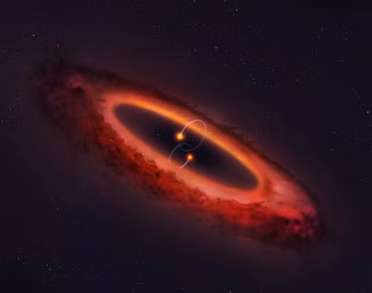  Một đĩa hình thành hành tinh quay quanh 2 cặp sao vừa được kính viễn vọng ALMA ghi nhận - ảnh đồ họa của Mark Garlick/University of Warwick