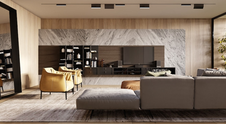 Toàn bộ căn phòng được trang trí với các yếu tố tự nhiên như gỗ, đá cẩm thạch và da, khiến kết nối không gian trở nên mãnh liệt hơn. Toàn bộ căn phòng được trang trí với các yếu tố tự nhiên như gỗ, đá cẩm thạch và da, khiến kết nối không gian trở nên mãnh liệt hơn.