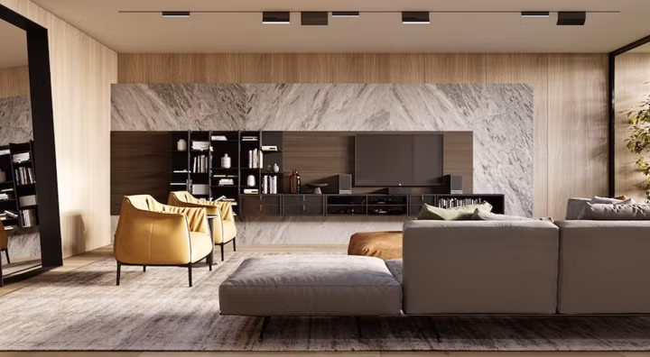 Toàn bộ căn phòng được trang trí với các yếu tố tự nhiên như gỗ, đá cẩm thạch và da, khiến kết nối không gian trở nên mãnh liệt hơn.