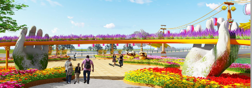  Cầu Vàng - cây cầu biểu tượng mới của Đà Nẵng, niềm tự hào của du lịch Việt Nam năm qua, sẽ được đưa xuống phố, để tạo nên một đại cảnh đặc biệt ấn tượng và độc đáo ngay tại đường hoa Tết này. Mô hình Cầu Vàng tại đường hoa Đà Nẵng có kích thước bằng 1/4 kích thước thật, được trang trí bằng hoa và cây xanh, tựa như một dải hoa tung bay lơ lửng trên cao. Đây sẽ là điểm nhấn đặc biệt của đường hoa năm nay, hứa hẹn tạo nên cơn sốt mới trong cộng đồng mạng. Nếu không có cơ hội được đến Bà Nà Hills để dạo bước trên 