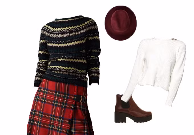  Được xem là cặp bài trùng với chân váy họa tiết tarten dáng xòe hoặc dáng bút chì, áo len còn là thiết kế thoải mái cho phái đẹp trong thời tiết lạnh giá. Bạn có thể chọn chiếc áo len trắng thanh lịch hoặc họa tiết để tăng thêm nét cá tính. Với những cô gái nữ tính, kết hợp áo len với chân váy midi xếp li họa tiết tartan cũng là lựa chọn thú vị cho mùa đông này.