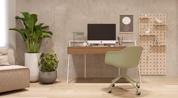  Bàn làm việc hiện đại, chậu cây xanh tạo thêm điểm nhấn thú vị.