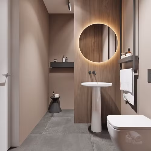 Gương treo trong phòng tắm giấu đèn phía sau tuyệt đẹp.