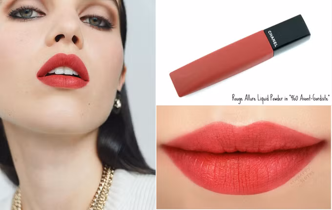  Nếu không tự tin với các màu son sẫm, gam đỏ ruby cũng là lựa chọn giúp bạn ghi điểm. Trong hình, là Chanel Rouge Allure Liquid Powder, mã màu 960 Avant - Gardiste. 