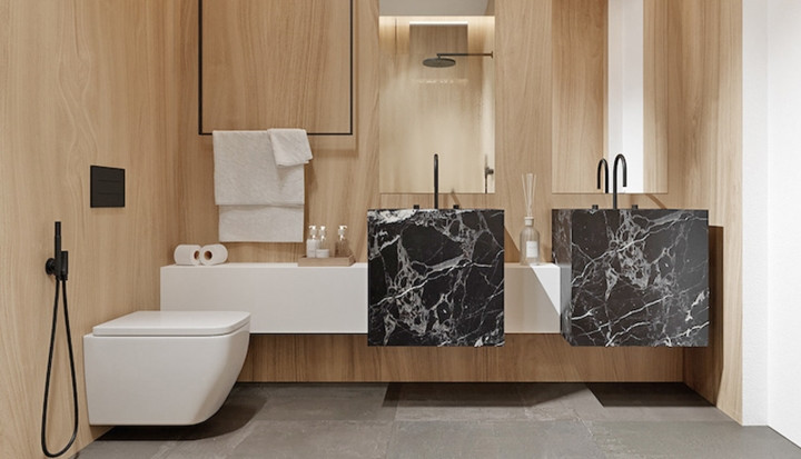 Bồn rửa đôi bằng đá cẩm thạch nổi bật giữa những bức tường gỗ. Bồn rửa đôi bằng đá cẩm thạch nổi bật giữa những bức tường gỗ.