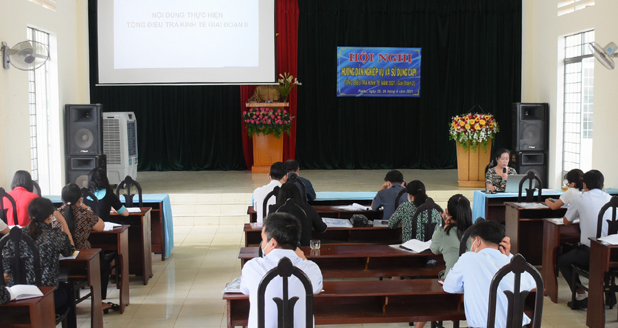  Ban Chỉ đạo Tổng điều tra kinh tế TP. Pleiku hướng dẫn nghiệp vụ cho Ban Chỉ đạo các xã, phường và các điều tra viên trên địa bàn thành phố. Ảnh: Minh Nguyễn