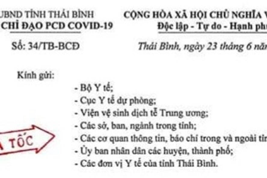 Thông báo khẩn hỏa tốc số 06 của Ban chỉ đạo phòng, chống dịch COVID-19 tỉnh Thái Bình.