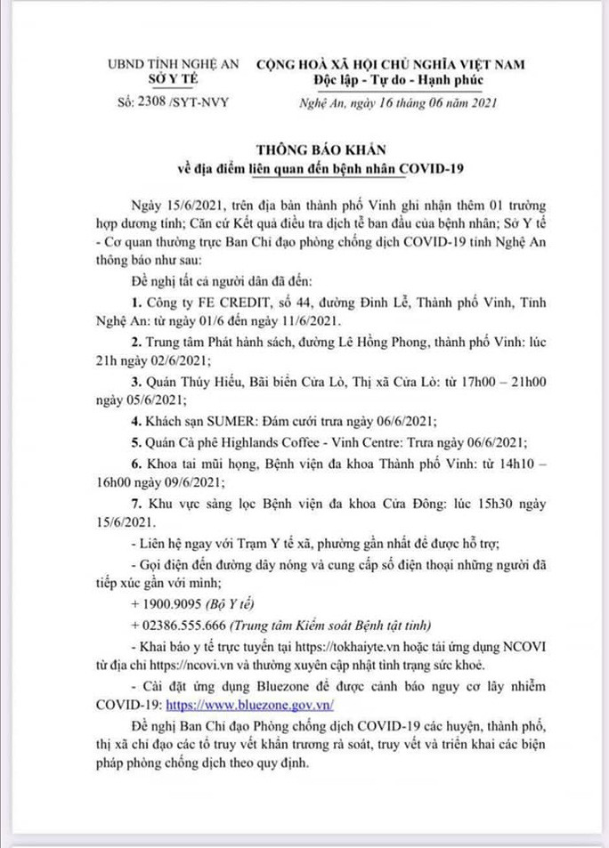 Thông báo khẩn của Sở Y tế Nghệ An liên quan đến nhân viên ngân hàng dương tính với SARS-CoV-2. Thông báo khẩn của Sở Y tế Nghệ An liên quan đến nhân viên ngân hàng dương tính với SARS-CoV-2.