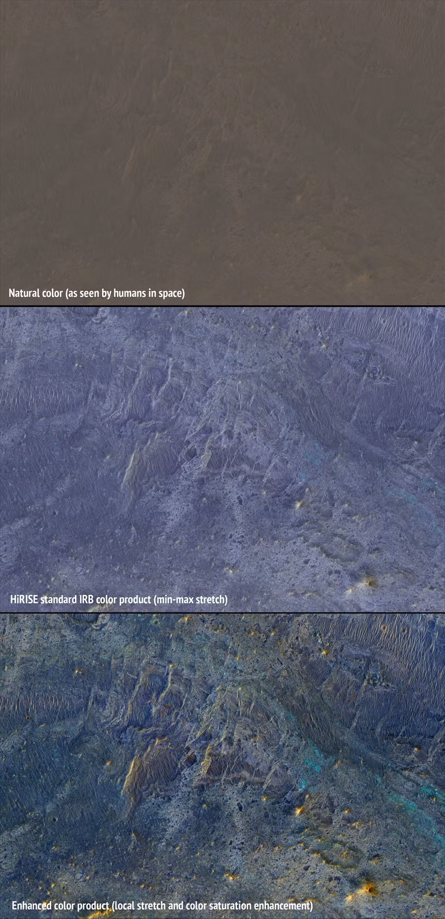 Ảnh sao Hỏa khi nhìn bằng mắt thường từ quỹ đạo (ảnh đầu tiên) và khi đã qua chỉnh sửa. Ảnh: NASA