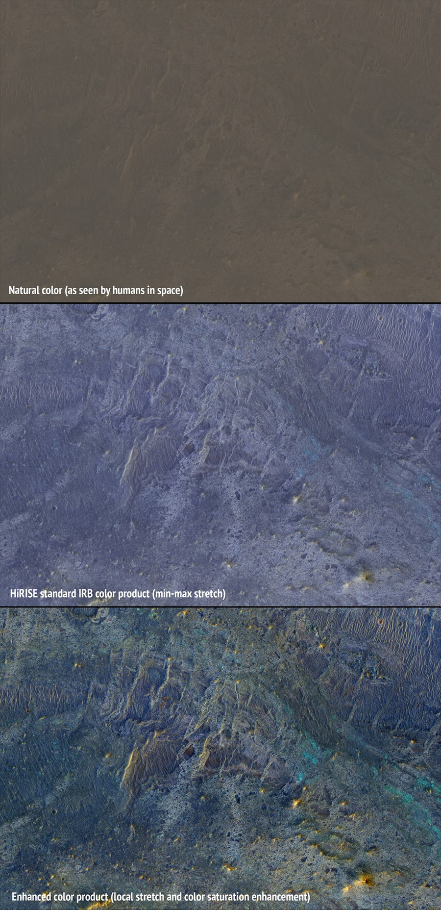 Ảnh sao Hỏa khi nhìn bằng mắt thường từ quỹ đạo (ảnh đầu tiên) và khi đã qua chỉnh sửa. Ảnh: NASA