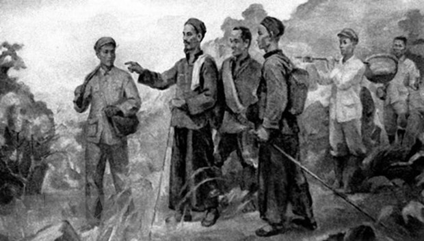  Sau 30 năm bôn ba, ngày 28/1/1941, Nguyễn Ái Quốc - Bác Hồ từ Trung Quốc về nước và ở tại Pác Bó (Cao Bằng), trực tiếp lãnh đạo đấu tranh cách mạng. Người chỉ ra rằng, trong điều kiện cụ thể của Việt Nam, con đường duy nhất phải theo là con đường cách mạng dân tộc dân chủ do Đảng tiên phong của giai cấp công nhân lãnh đạo đánh đổ đế quốc, thực dân, giành độc lập dân tộc, sau đó tiến lên thực hiện cách mạng xã hội chủ nghĩa. (Tranh tư liệu/TTXVN phát)