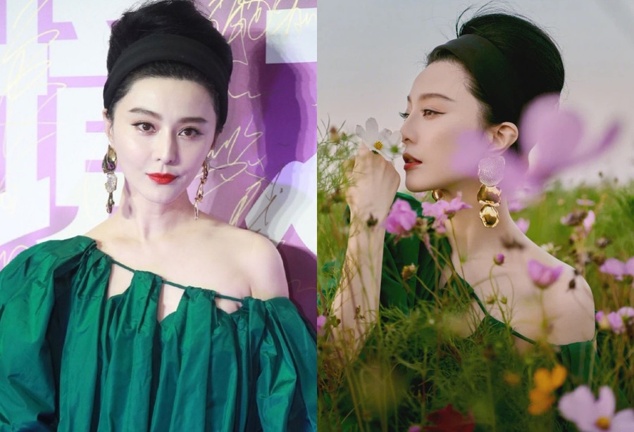 Phạm Băng Băng xinh đẹp trên thảm đỏ (ảnh trái). Cô chụp hình ở vườn hoa bên ngoài nơi tổ chức sự kiện (ảnh phải). ẢNH: CHỤP MÀN HÌNH/WEIBO NV