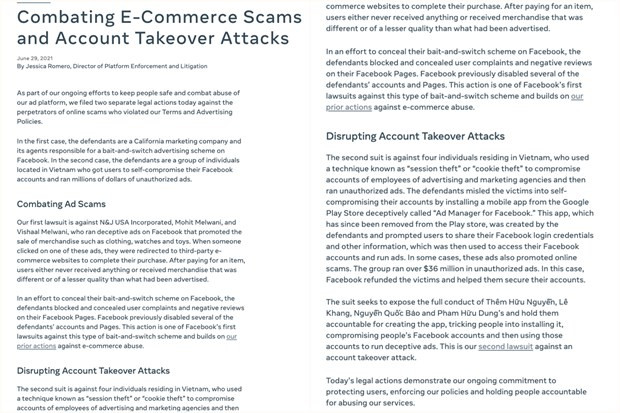 Nội dung thông báo của Facebook. (Ảnh chụp màn hình)