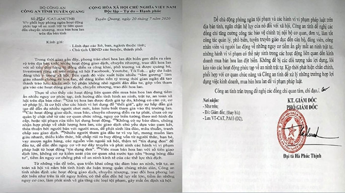 Văn bản của Công an tỉnh Tuyên Quang. (Ảnh: QĐ) Văn bản của Công an tỉnh Tuyên Quang. (Ảnh: QĐ)