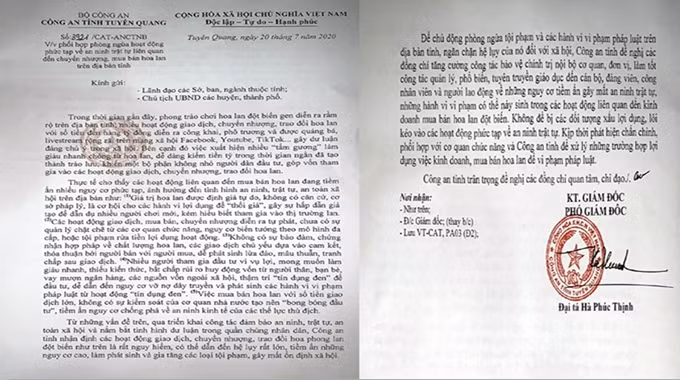 Văn bản của Công an tỉnh Tuyên Quang. (Ảnh: QĐ)