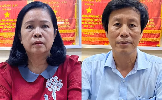 Giám đốc Sở Y tế Cần Thơ Cao Minh Chu và nguyên Giám đốc Sở Y tế Bùi Thị Lệ Phi (trái) trong vụ án “vi phạm quy định về đấu thầu xảy ra tại Sở Y tế Cần Thơ“. Ảnh: BCA
