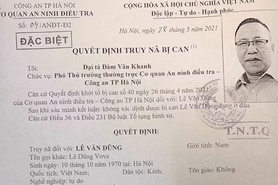 Cơ quan An ninh điều tra Công an Hà Nội ra quyết định truy nã với Lê Dũng 