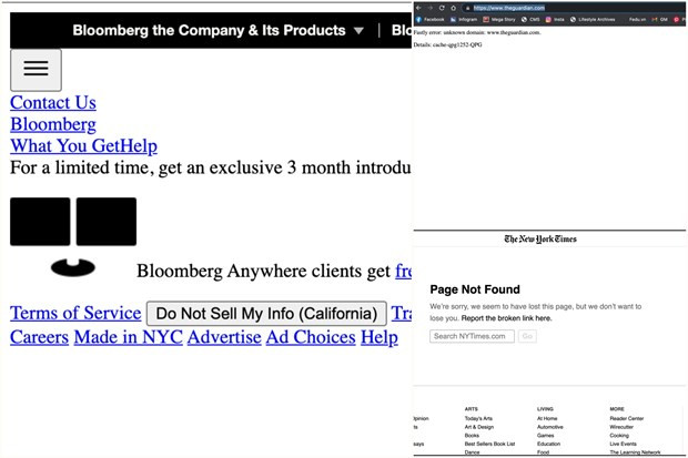 Hàng loạt trang báo lớn trên thế giới không thể truy cập. (Ảnh chụp màn hình)