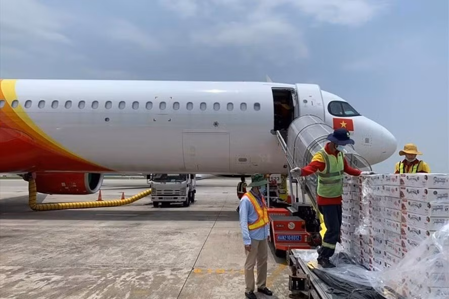 Do vẫn chưa có hãng bay vận tải chuyên biệt, các hãng hàng không Việt Nam vẫn chủ yếu vận chuyển hàng hóa trong bụng máy bay chở khách. Ảnh: H.K Do vẫn chưa có hãng bay vận tải chuyên biệt, các hãng hàng không Việt Nam vẫn chủ yếu vận chuyển hàng hóa trong bụng máy bay chở khách. Ảnh: H.K