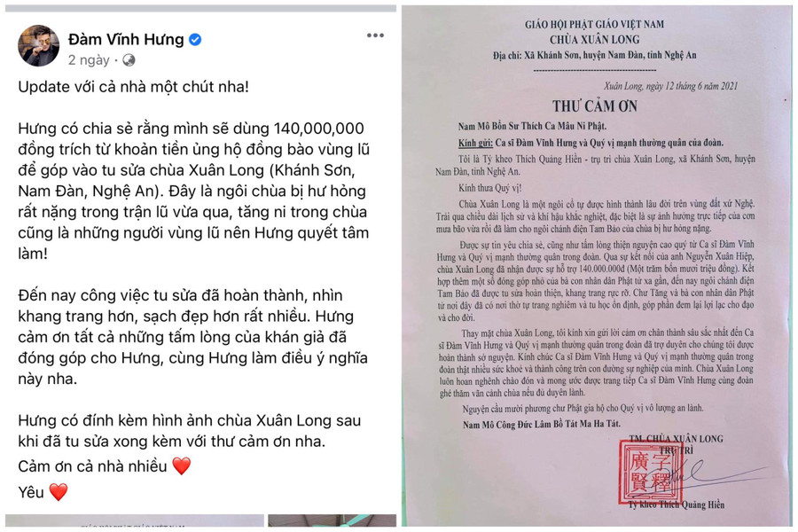 Nam ca sĩ đăng tải bài viết thông báo kèm theo thư cảm ơn của đại diện chùa Xuân Long. ẢNH: FBNV