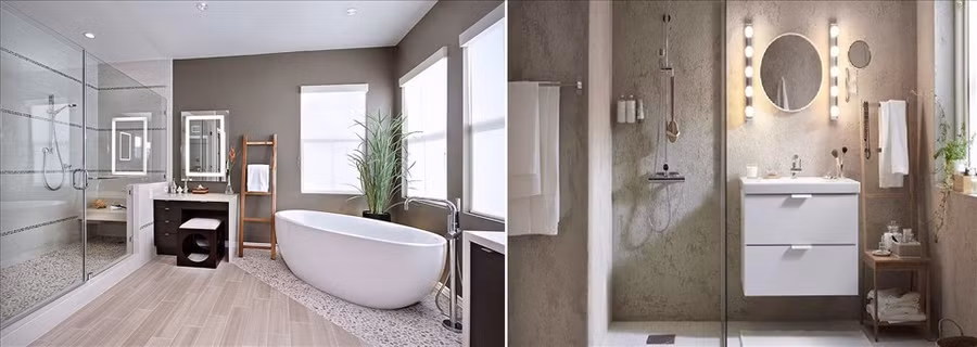 Các mẫu thiết kế phòng tắm thường tận dụng tối đa công dụng của các nội thất bên trong, tạo không gian sử dụng thoải mái. Đồ họa: M.H