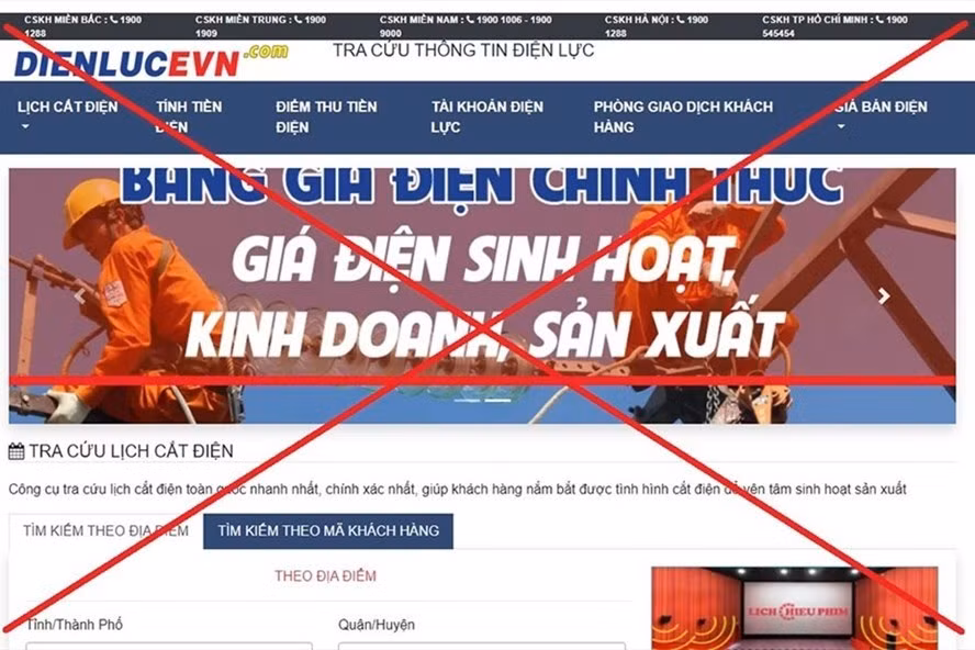Trang web giả mạo thương hiệu EVN để lừa người tiêu dùng. Ảnh chụp màn hình
