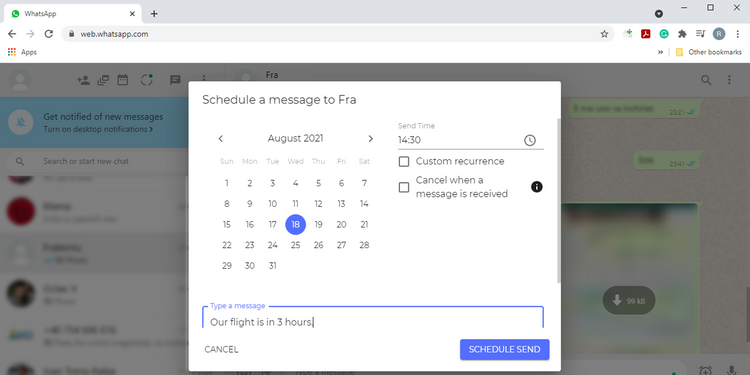 Lên lịch gửi tin nhắn cho WhatsApp trên web- Ảnh chụp màn hình